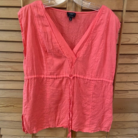 Talbots Pure Irish Linen Drawstring Waist Top Size 6 Coral PleatedBib Lagenlook - Picture 2 of 12